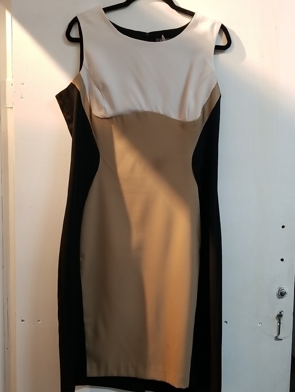 Roz & Ali White, Camel & Black Colorblock Midi Sheath Dress